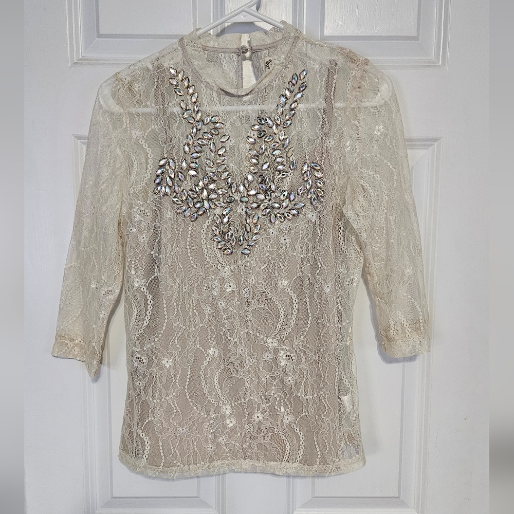 Joyfolie Mia Joy Cream Lace Blouse with Jewel Embellishment